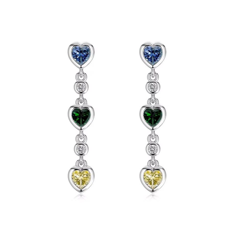 Heart Shape 925 Sterling Silver Simulated Diamonds Dangling Earrings