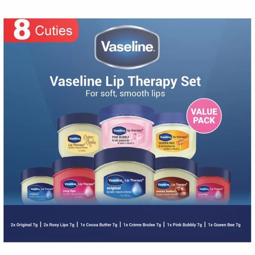 VASELINE 8pc Lip Therapy Mini Lip Balm Set, 7g Each. N.B: Damaged box & 1 x
