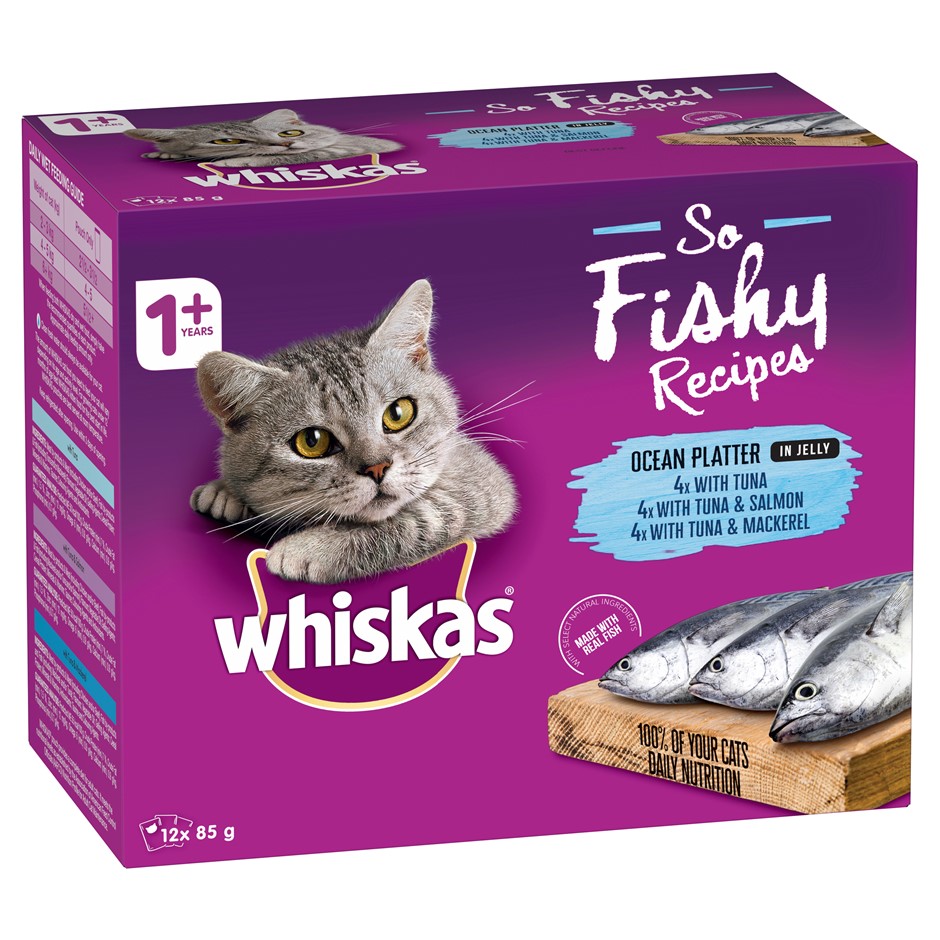 3 x Box of 12pc WHISKAS Ocean Platter In Jelly, Tuna, Tuna/Salmon & Tuna/Ma
