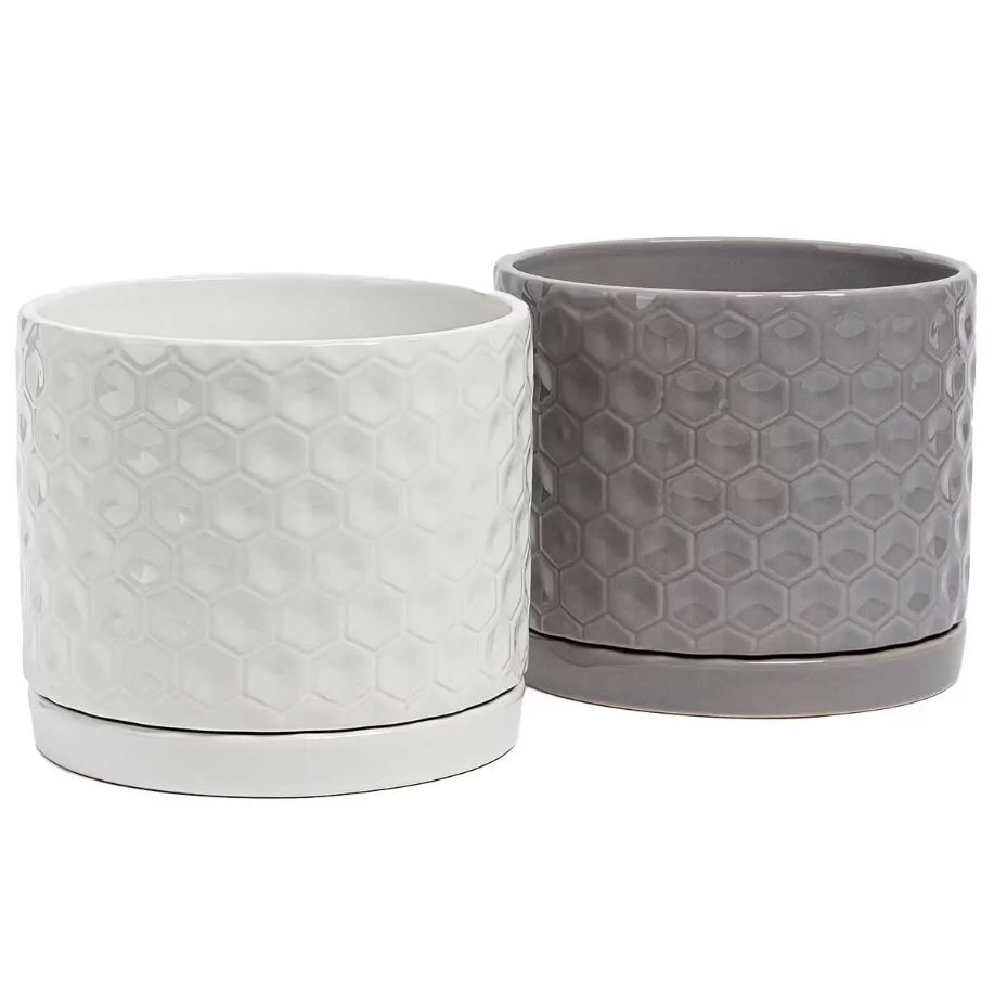 OVER AND BACK Set of 2pc Stoneware Ceramic Honeycomb Planter Pots, Grey & W