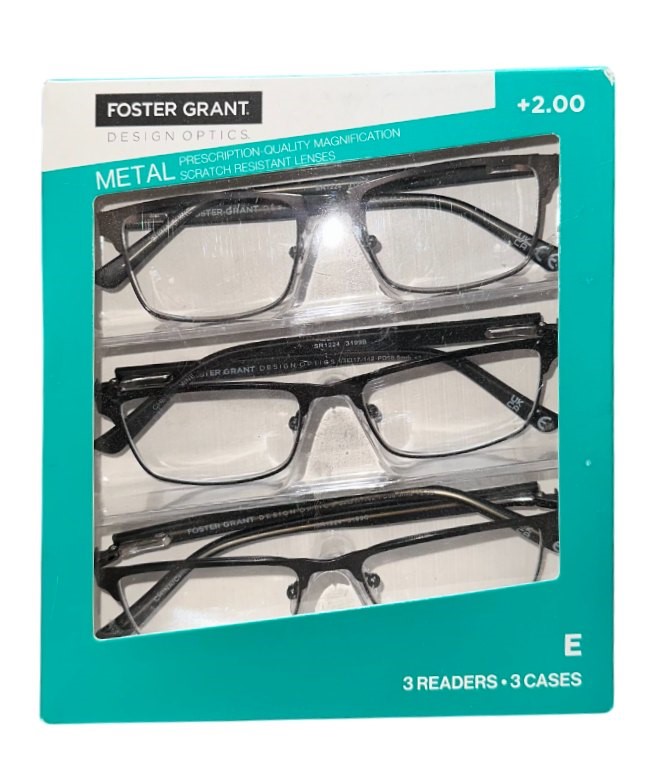 DESIGN OPTICS Foster Grant Kyne Full Metal Square +2.00 Reading Glasses.