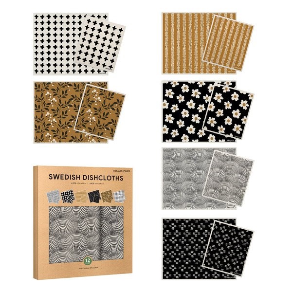 14 Piece Set Swedish Dishcloths, Assorted Sizes, Black&White Design