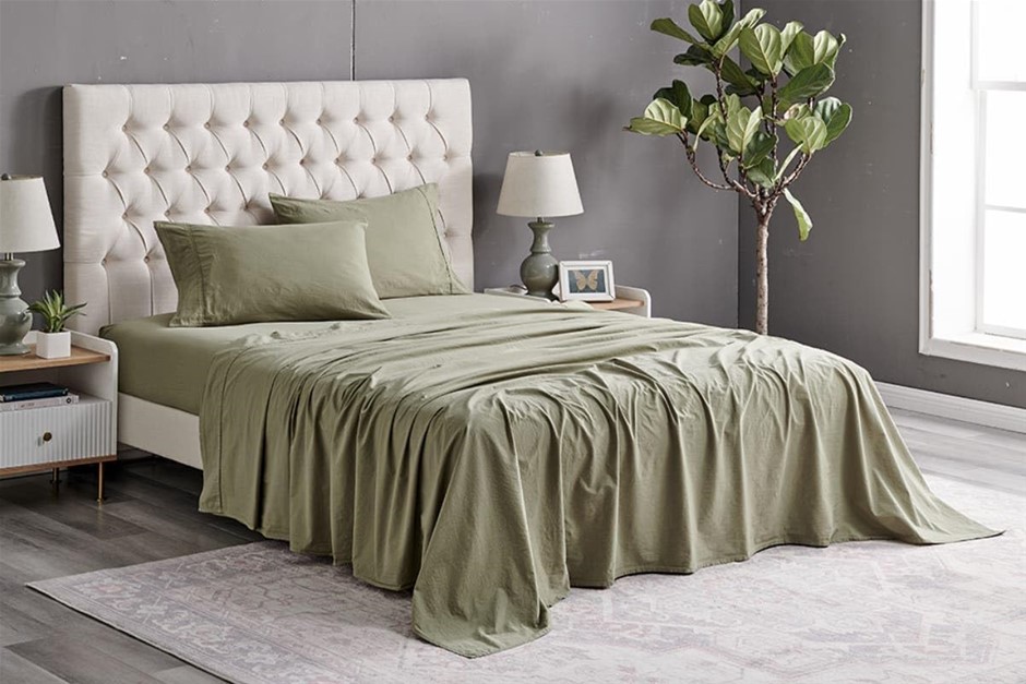 BROSA Sydney Stonewash Cotton Bed Sheet Set (Oil Green, Queen)