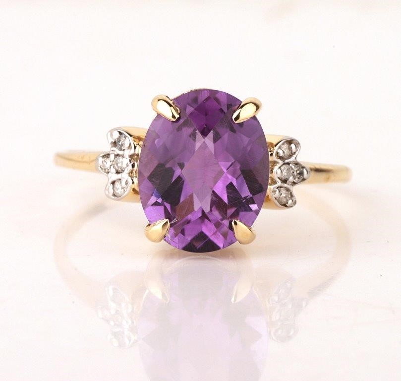 Yellow Gold Natural Amethyst & Diamond Ring with Valuation