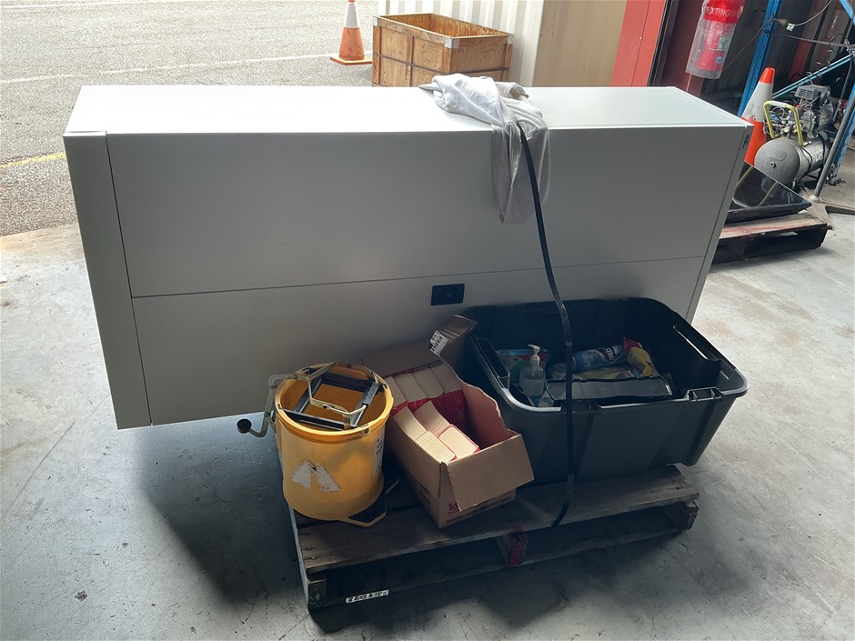Large Storage Cabinet with Assorted Cleaning Supplies