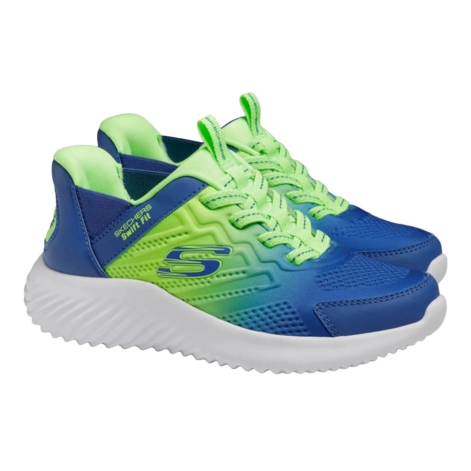 SKECHERS Kids' Swift Fit Shoes, Size US12 / UK11, Blue/Lime (BBLM), 17301L.