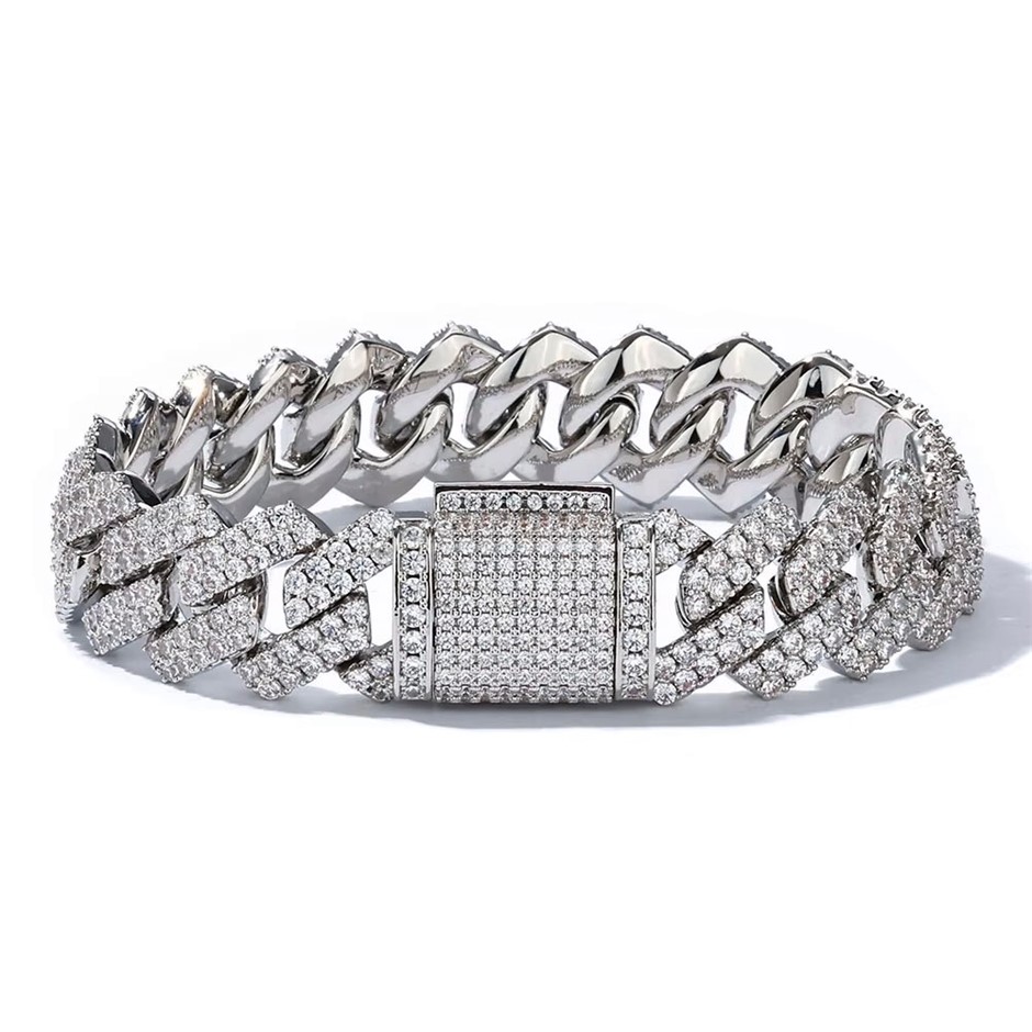18K White-Filled Cuban Chain Bracelet with Simulated Diamonds - 17.8cm