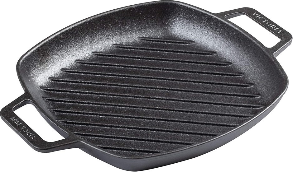 VICTORIA Cast Iron Square Grill Pan with Double Loop Handles, Made in Colom