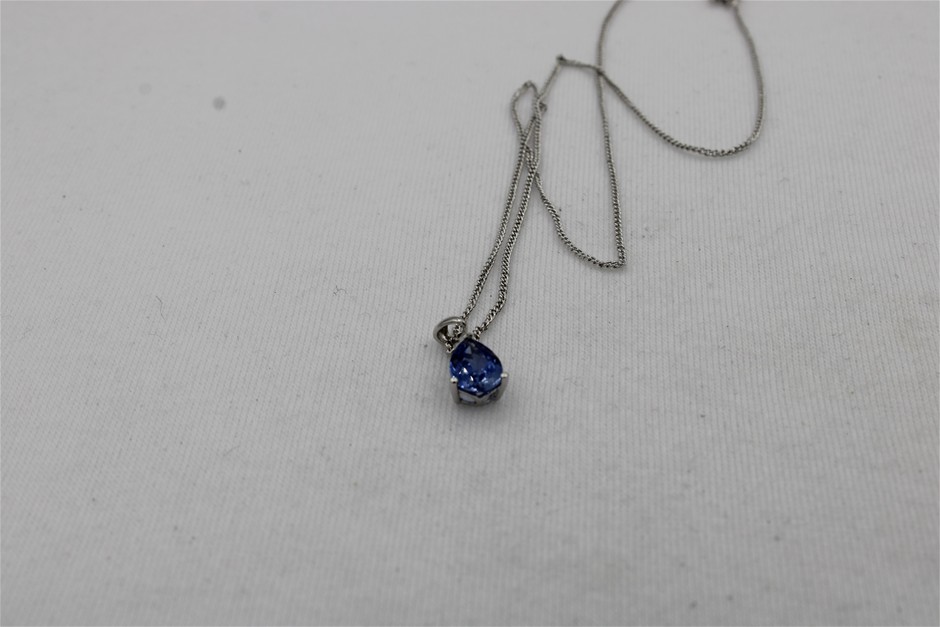 1 x Stamped 9ct White Gold, Created Blue Sapphire & Diamond Pendant