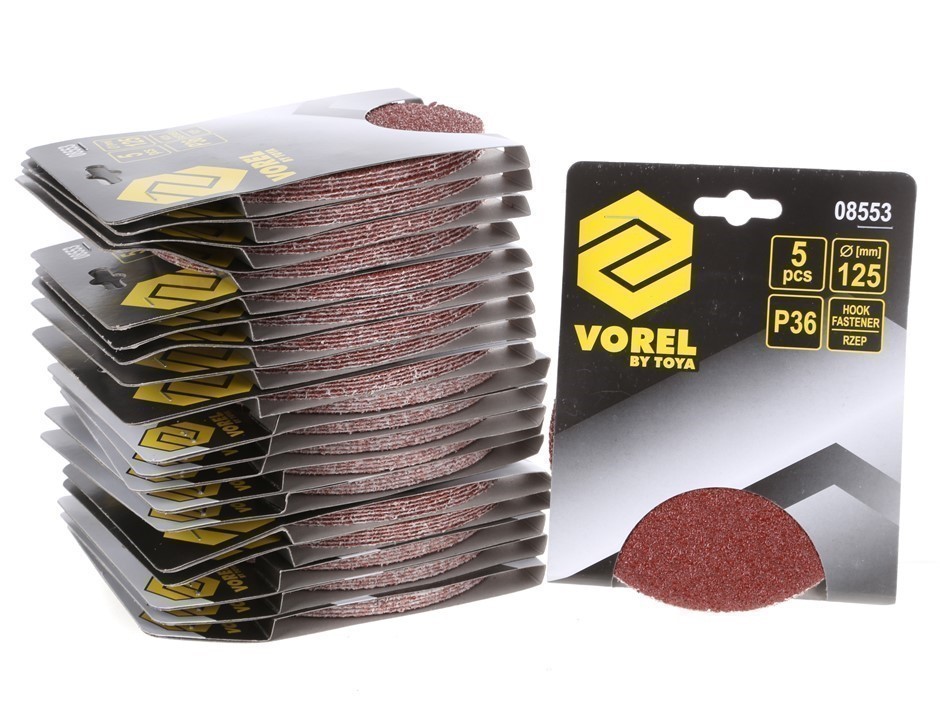 20 Packs of 5 VOREL Sanding Discs 125mm, Grit P120, Hook Fastener.
