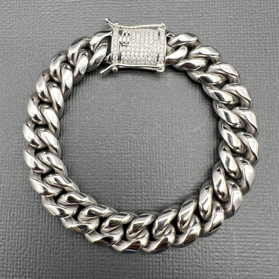 Silver-Filled Cuban Bracelet Simulated Diamond Clasp, 12MM - 19cm
