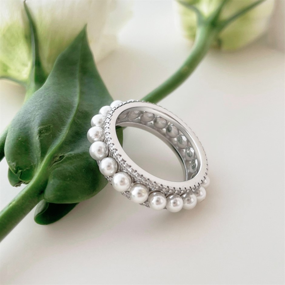Shell Pearl & Simulated Diamond 925 Sterling Silver Ring - Size 8