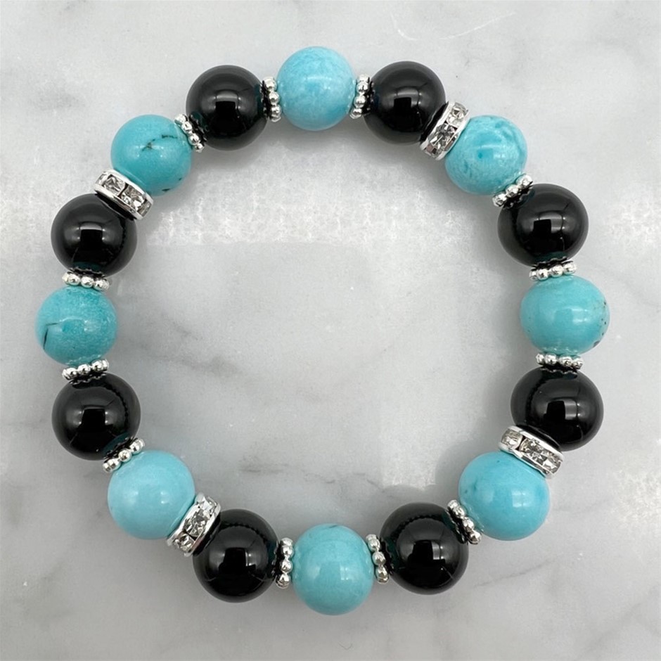 Turquoise, Black Agate & Rhinestone Spacer Stretch Beaded Bracelet