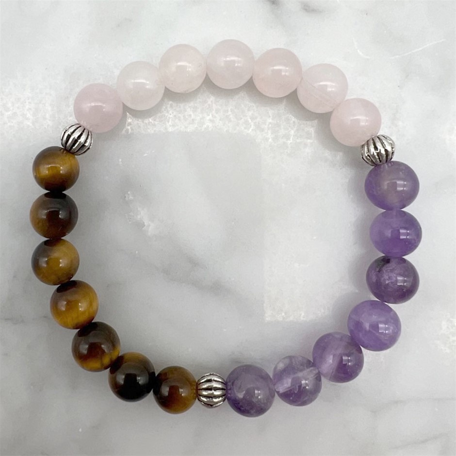 Amethyst, Rose Quartz & Tiger Eye Stretch Beaded Bracelet