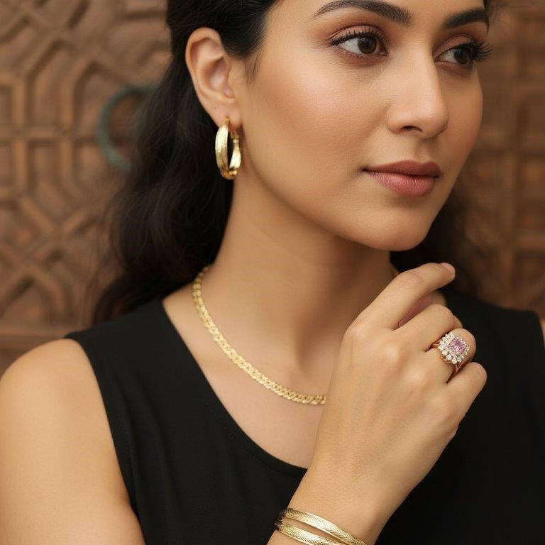 3pcs x 18KGF/Italy Stamped Yellow Gold Filled Chain & Ring & Earring