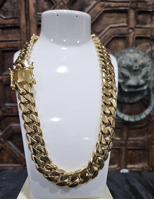 18K/Italy Triple Solid Yellow Gold Plated Cuban Chain -50cm-15mm