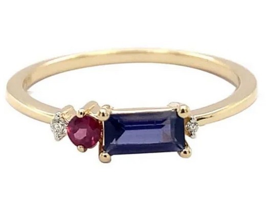 9K Yellow Gold 0.02ct HI SI DIAMOND IOLITE&amp;RHOD RING