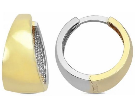 9K Yellow Gold & WHITE GOLD TAPERED HUGGIE EARRINGS 14mm