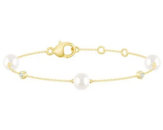 9K YELLOW GOLD 0.07ct FVS LAB DIAMOND FW PEARL BRACELET 17-19cm