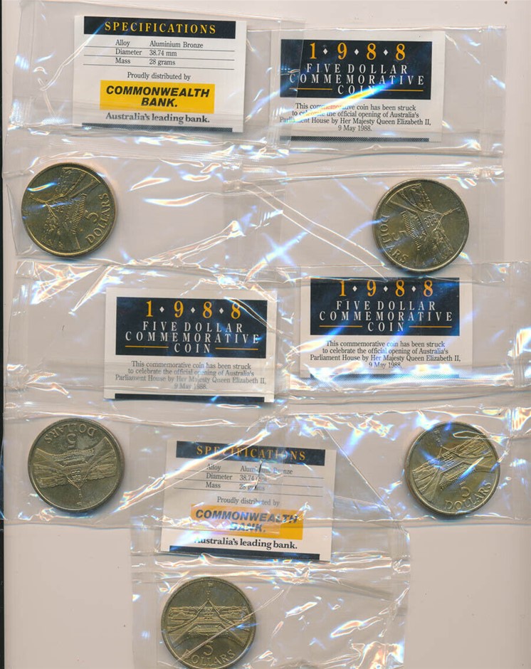 Australia: 1988 $5 Parliament House, 5 Lots LARGE Commonwealth Bank Packet