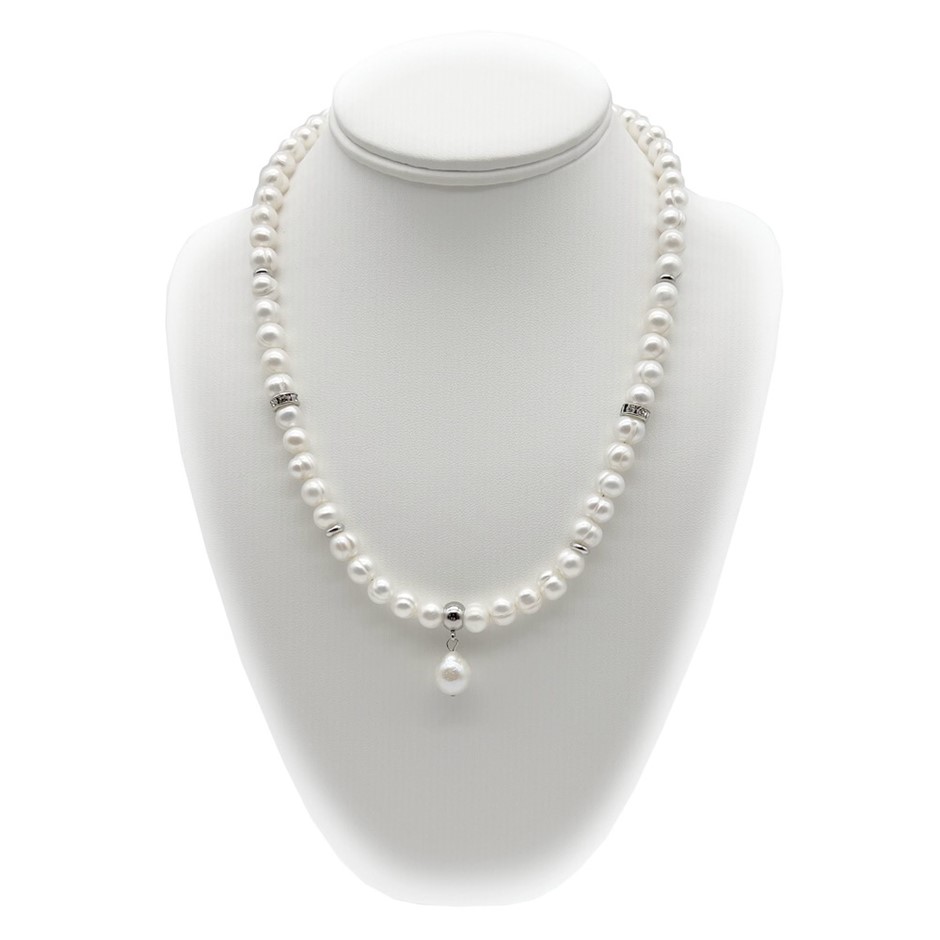 8-9mm White Potato Pearl with Baroque Pearl Teardrop Platinum Necklace