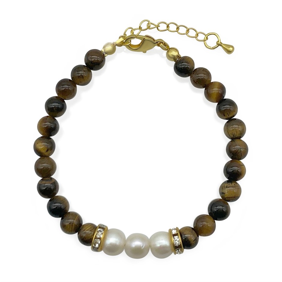 7-8mm Pearl & Tiger Eye with Real 18k Gold Plated Bracelet