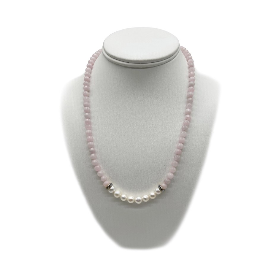 7-8mm Pearl & Rose Quartz with Real Platinum Plated Necklace