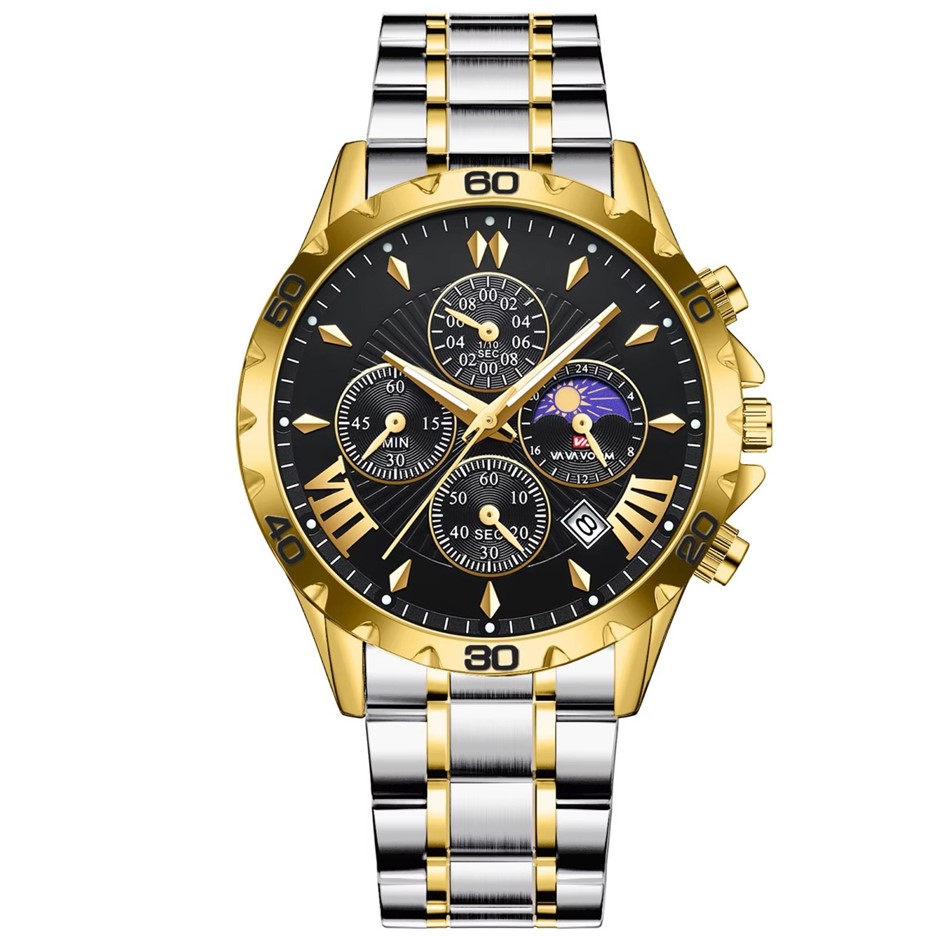 Luxury Multifunctional Water Resistant Watch for Men, Silver/Gold