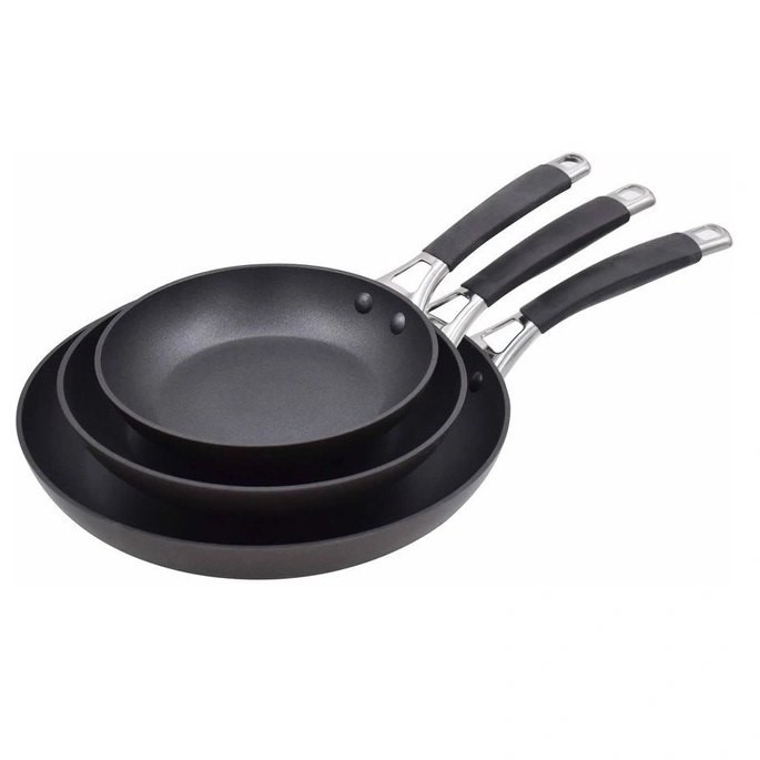THE COOKS COLLECTIVE Triple Frypan Pack with Silicone Handles in Black. Not