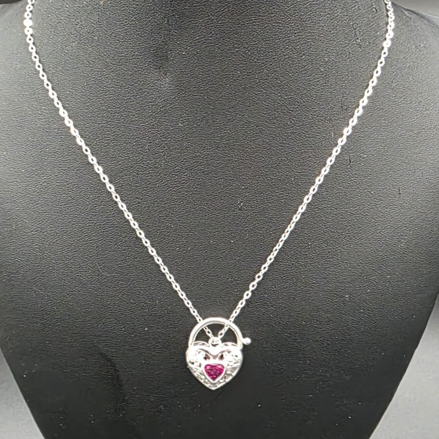 Designer Filigree Locket with Simulated Ruby Necklace in Silver