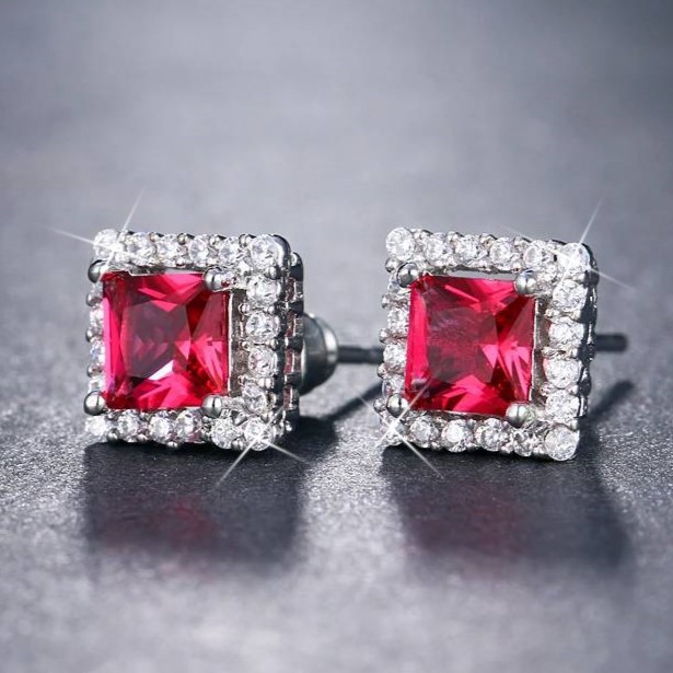 Designer Statement Simulated Diamond Red Square Earrings
