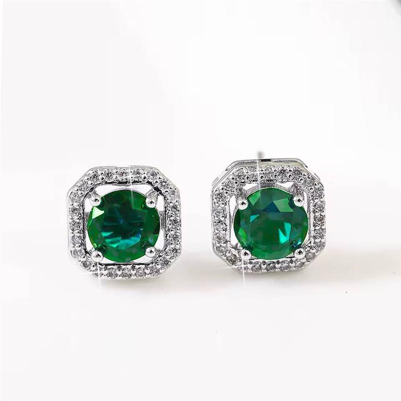 Designer Green & Simulated Diamond Square Stud Earrings in Silver