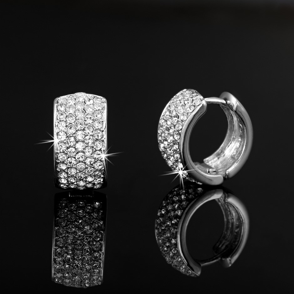 Solid 925 Sterling Silver Huggie Earrings Featuring 106 Crystals