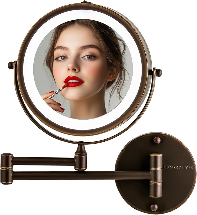 OVENTE 7" Lighted Wall Mount Makeup Mirror with 1X/10X Magnification, Cordl