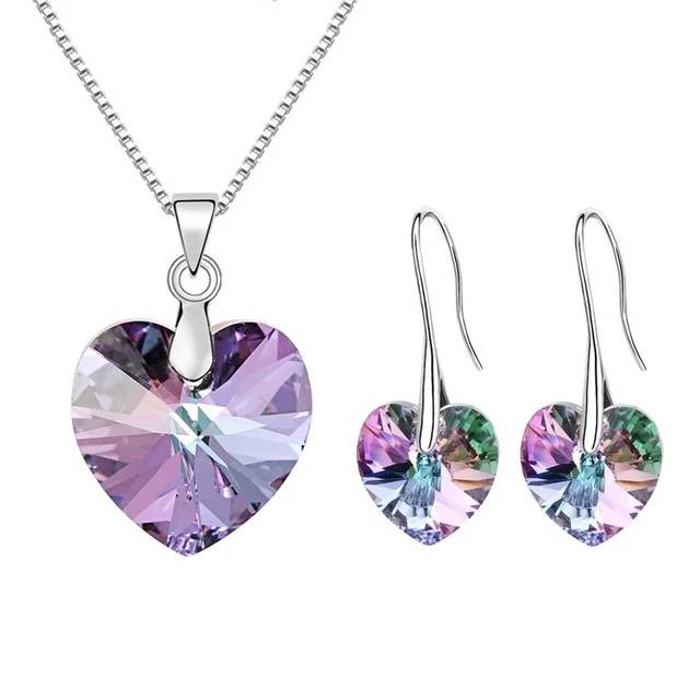 Designer Violet Love Heart Necklace & Earring Set in Silver
