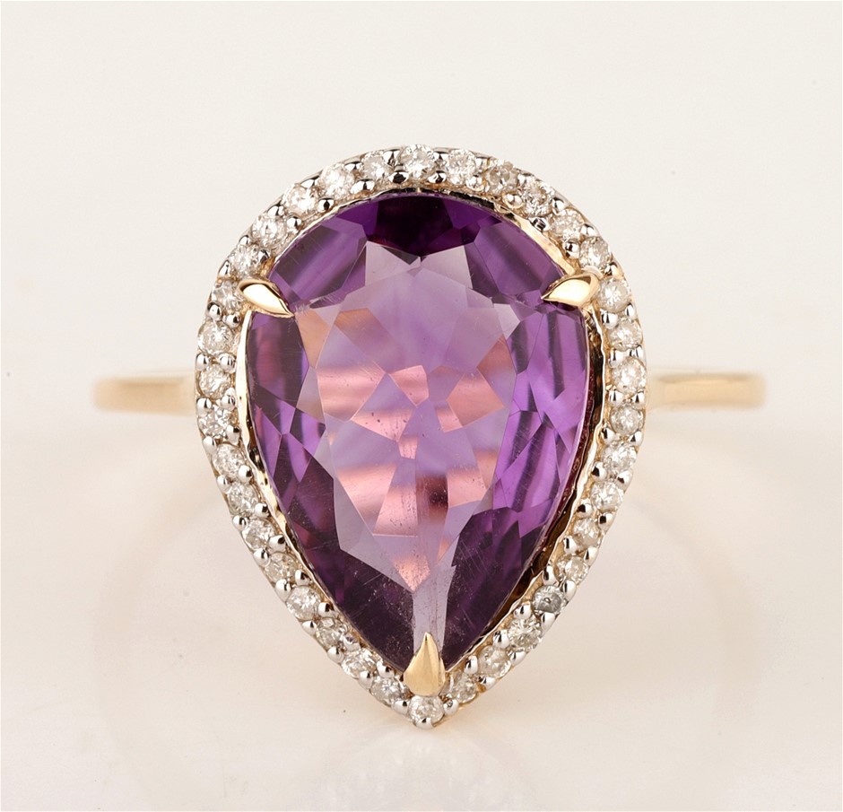 Yellow Gold Natural Amethyst & Diamond Ring with Valuation