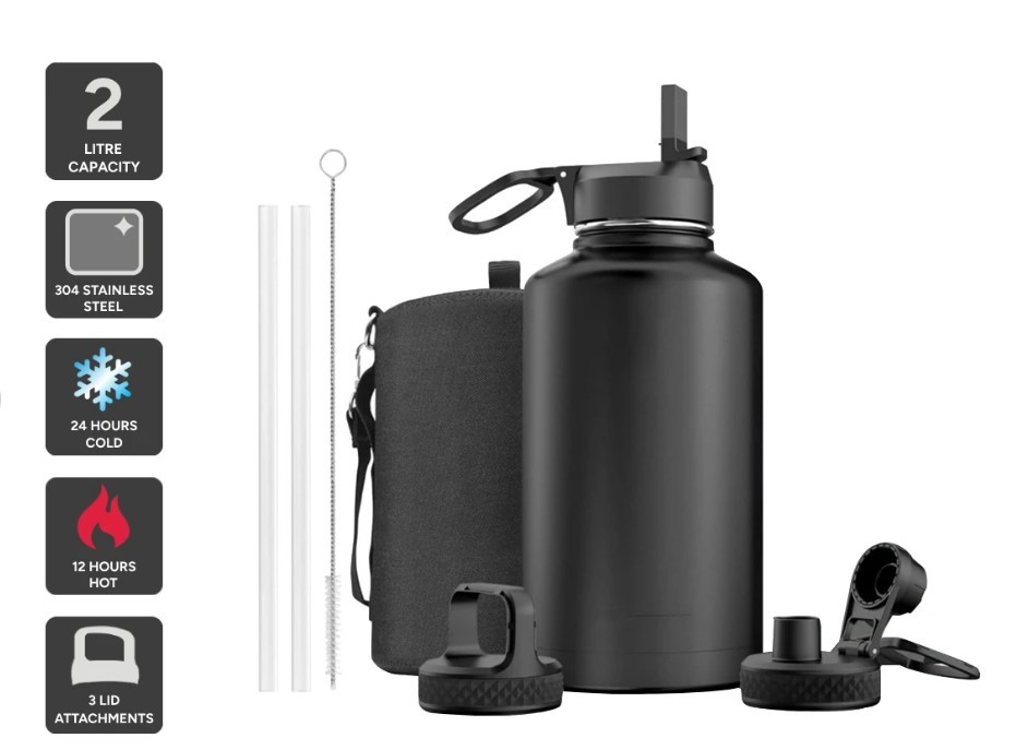 OVELA 2L Insulated Stainless Steel Water Bottle with 3 Lid Attachments.