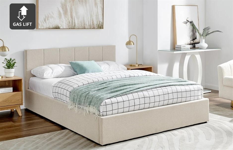 OVELA Theodore Gas Lift Bed Frame, Single, Colour: Beige.