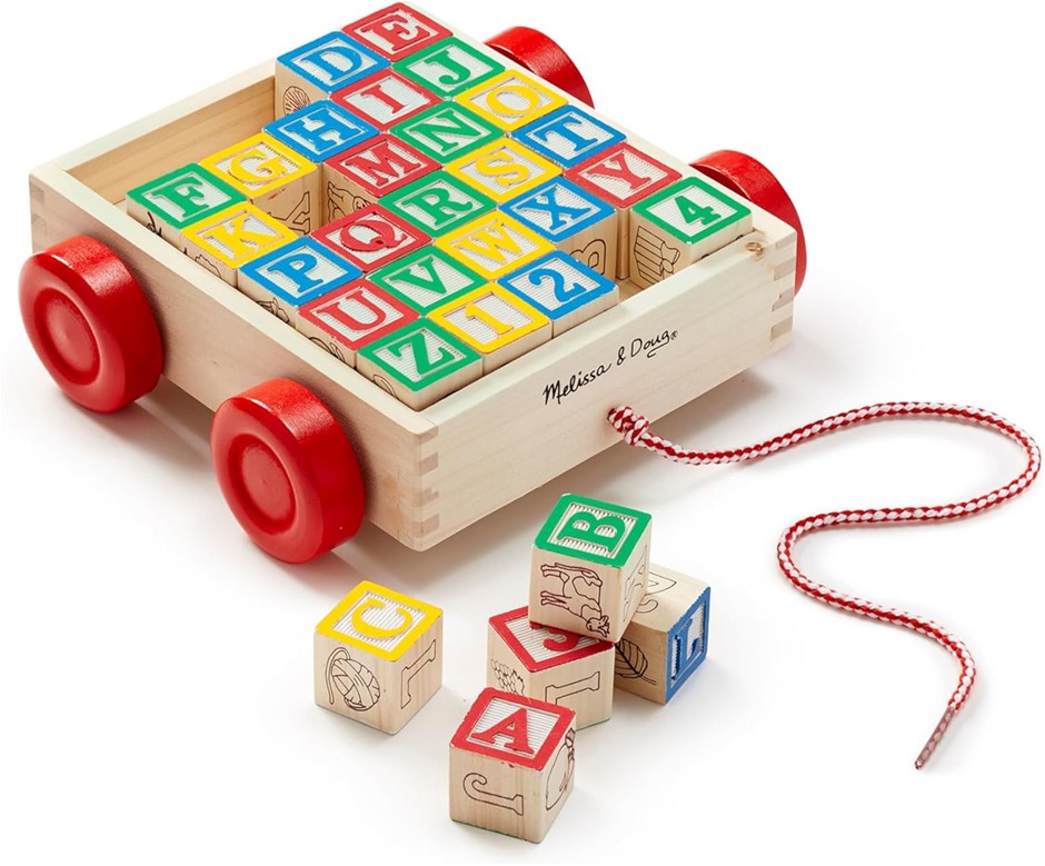 MELISSA & DOUG 1169 Classic ABC Wooden Block Cart Educational Toy, With 30