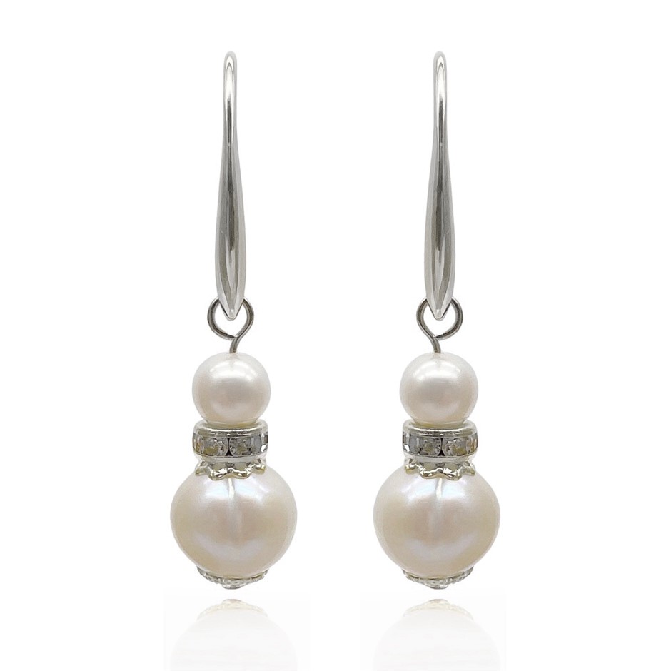 7-11mm White Pearls & Rhinestone Real Platinum Plated Drop Earrings