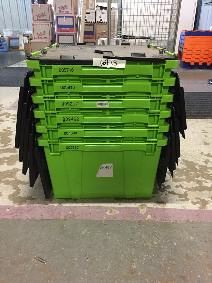 Stack of 6 Green And Black Plastic Removalist Crates