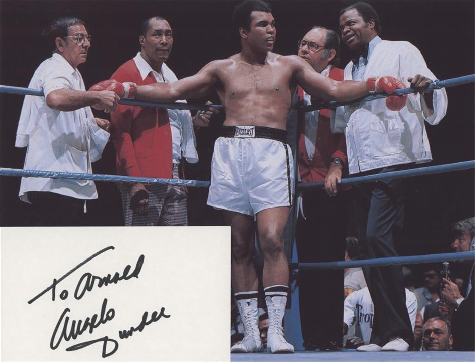 ANGELO DUNDEE SIGNED CARD WITH WORLD TITLE PHOTO