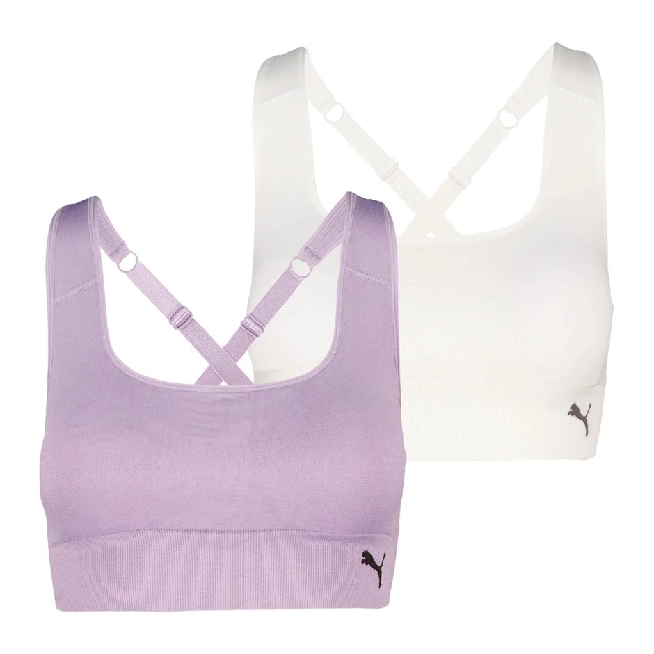 2 x 2-Pack PUMA Square Neck Seamless Sports Bras, Size S, Pale Plum/White.