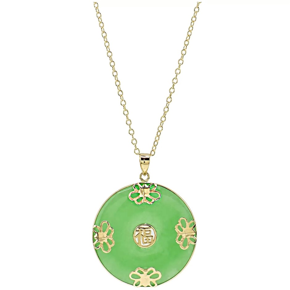 14kt Yellow Gold Green-Dyed Jade Butterfly Good Luck Pendant 43cm Chain. Se