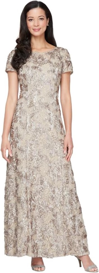 ALEX EVENINGS Women's Rosette Sequin Dress, Size 6, Champagne, 112788. RRP: