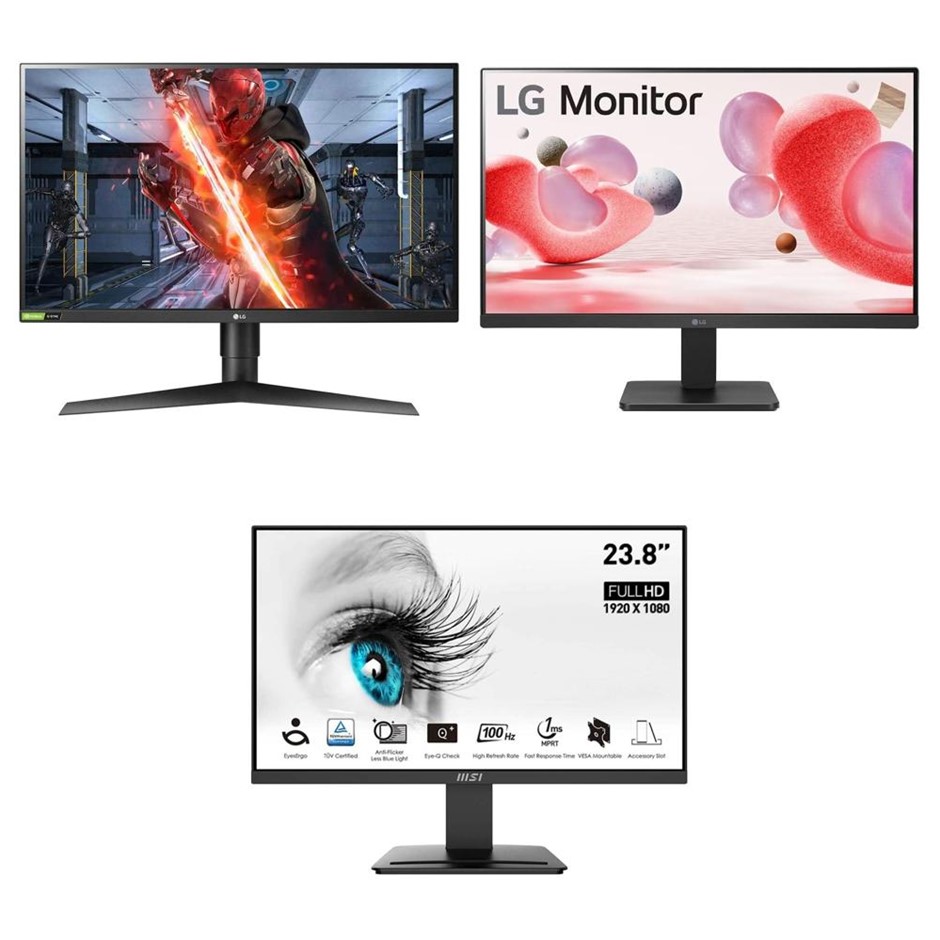 3 × Assorted Monitors. Incl: 2 × MSI PRO MP2412 23.8" Full HD VA Monitors,