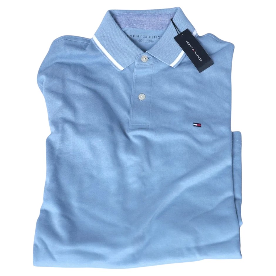 TOMMY HILFIGER Men's Richard Tip SS Polo, Size XL, 100% Cotton, Light Blue