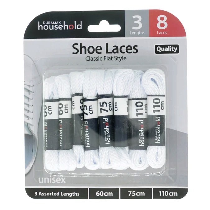 DURAMAX Flat Shoe Laces White 60cm, 75cm, 110cm HOM-726