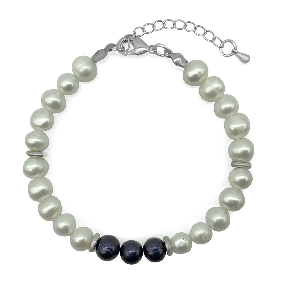 Luxury 7-8mm White & Black Pearl with Real Platinum Plated Bracelet
