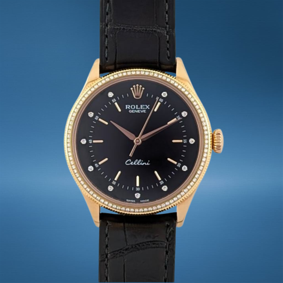 Rolex 50605RBR Cellini Time 18k Black Diamond Dial 39mm 2015 BxO